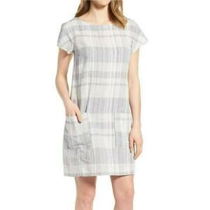 EILEEN FISHER Sz M Women’s Gray Plaid Zip Airy Organic Linen Cotton Shift Dress